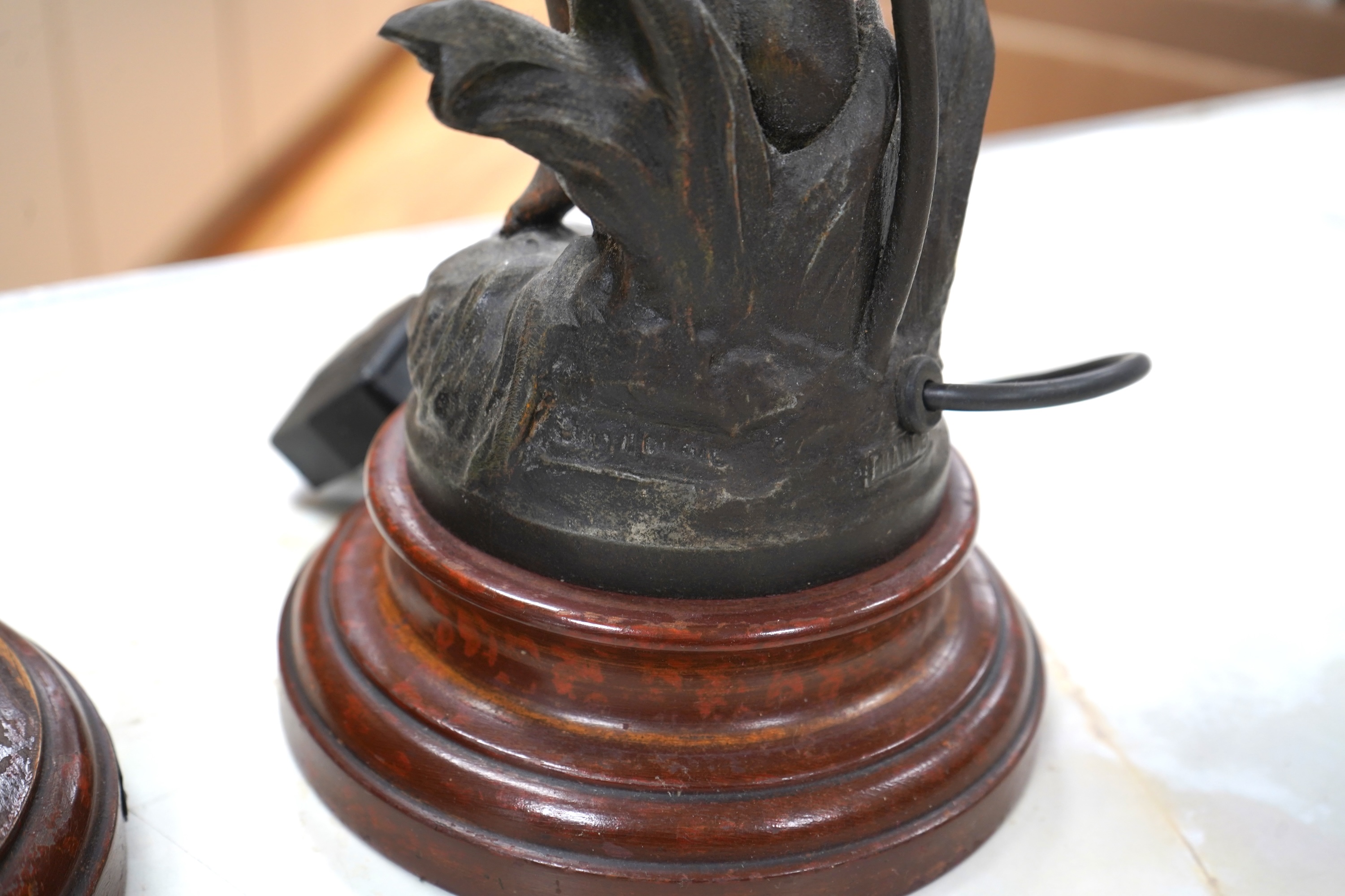 A pair of Art Nouveau style bronzed lady table lamps and glass shades, 48cm including shades and sands